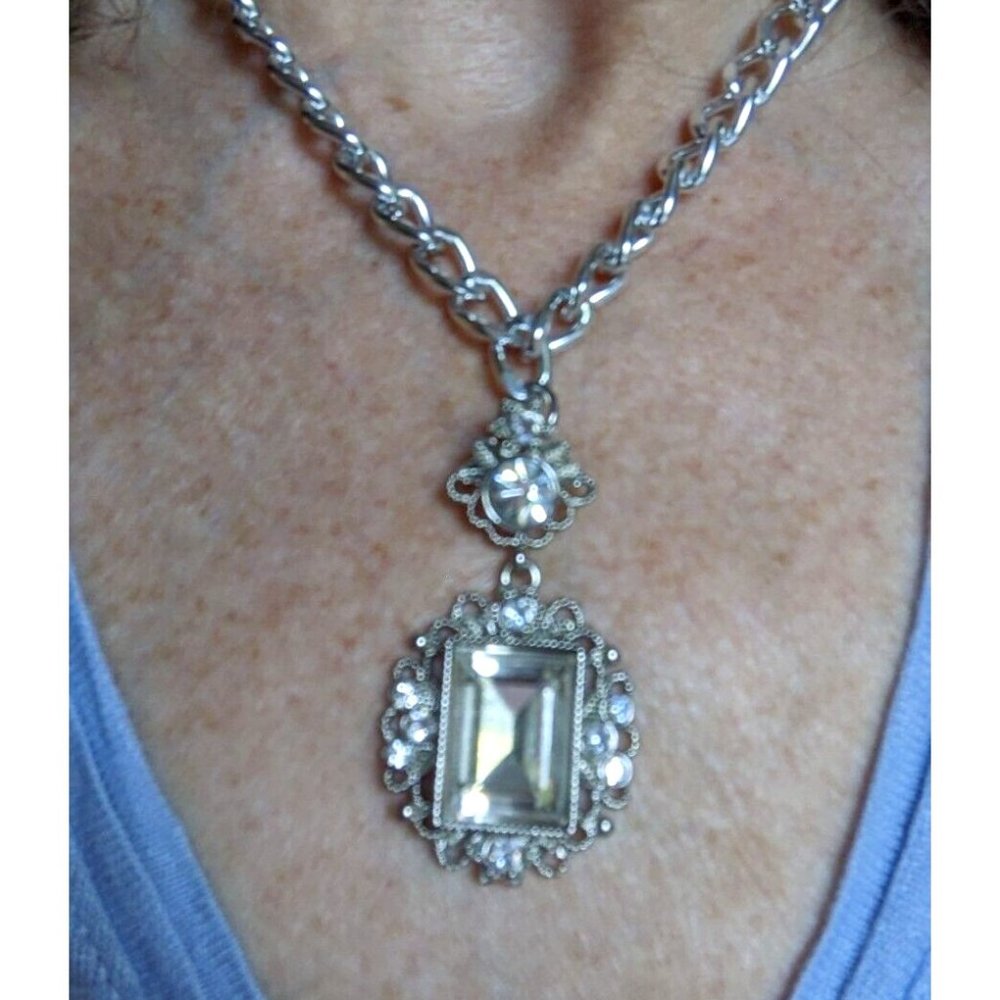 Upcycled Necklace Boho Chic Chunky Curb Chain Choker Rhinestone Pendant 16"